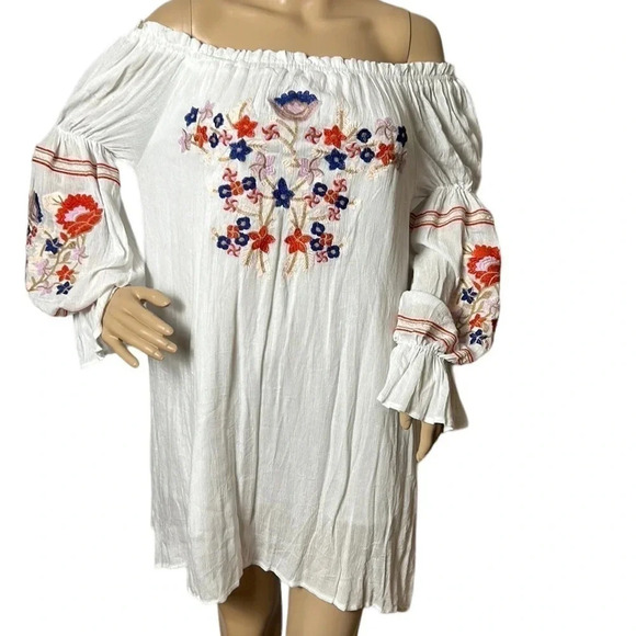 R.Vivimos crinkle embroidered,balloon sleeve dress, off shoulders,coastal,boho - Picture 6 of 13